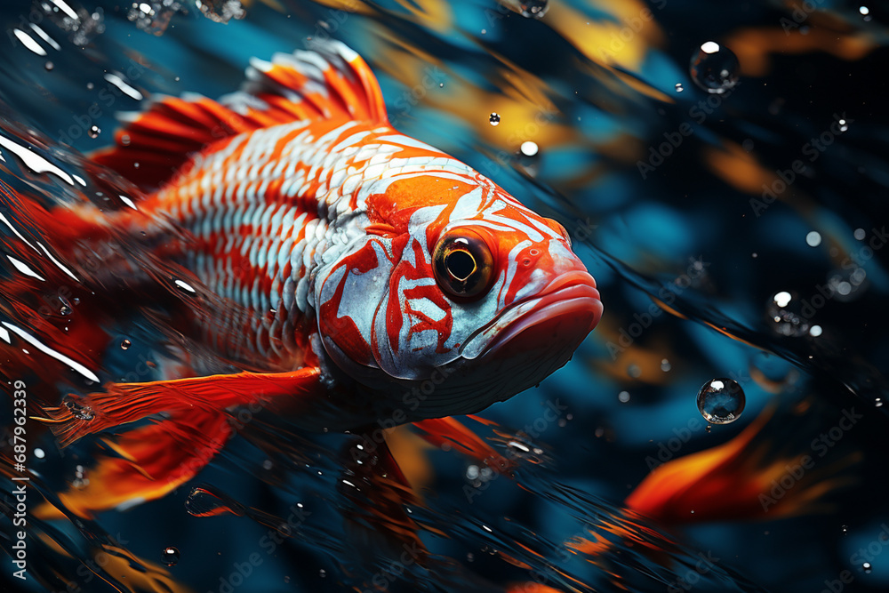 Aufkleber a vibrant depiction of a cubic fish, its scales formed by intricate geometric patterns, swimming in 