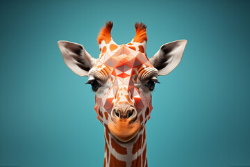 A digital artwork showcasing a cubic giraffe, its long neck and distinctive spots transformed into a delightful geometric design. - obrazy, fototapety, plakaty