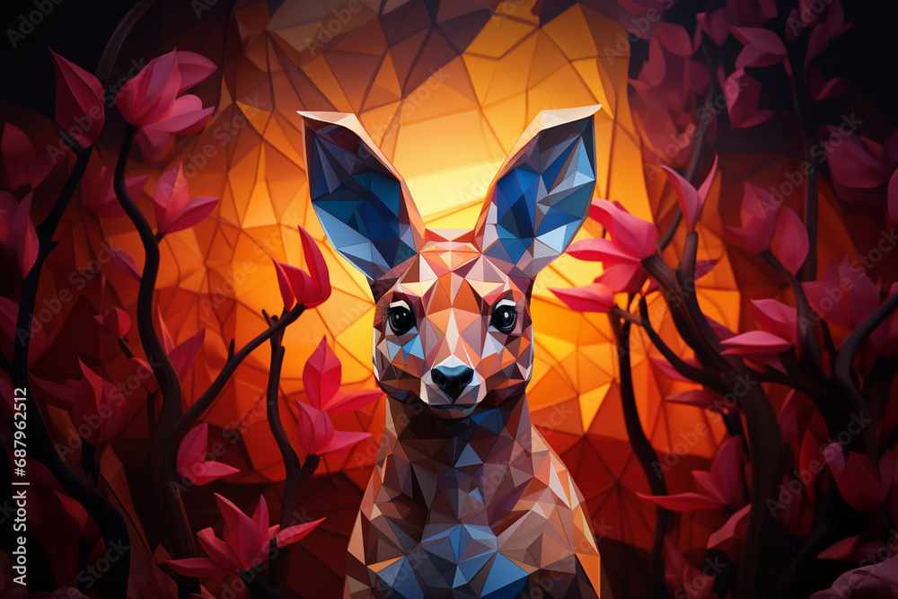 Poster A captivating illustration of a cubic kangaroo, its distinctive silhouette rendered through a combination of angular shapes and vibrant hues.