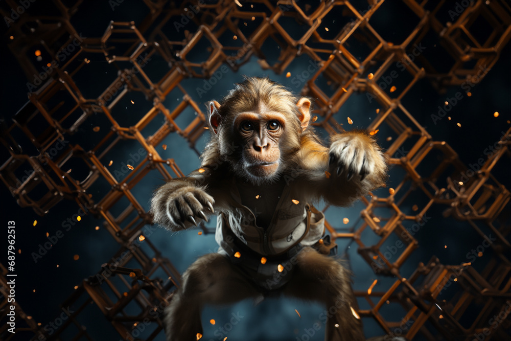 Poster An artistic representation of a cubic monkey, swinging from branch to branch with a lively and geometrically inspired energy.