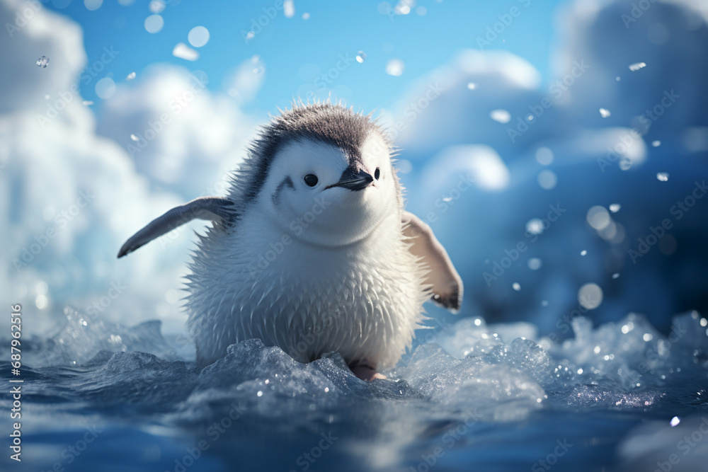 Aufkleber a playful depiction of a cubic penguin, waddling across an abstract icy landscape, its monochromatic