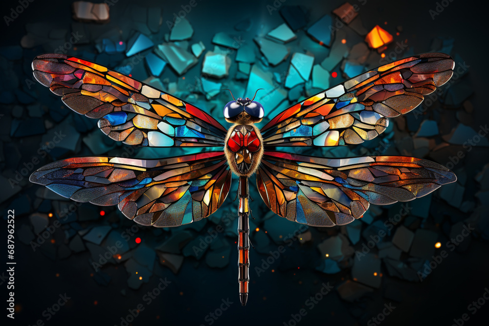 Poster an imaginative artwork featuring a cubic dragonfly, its delicate wings and body reimagined with geom