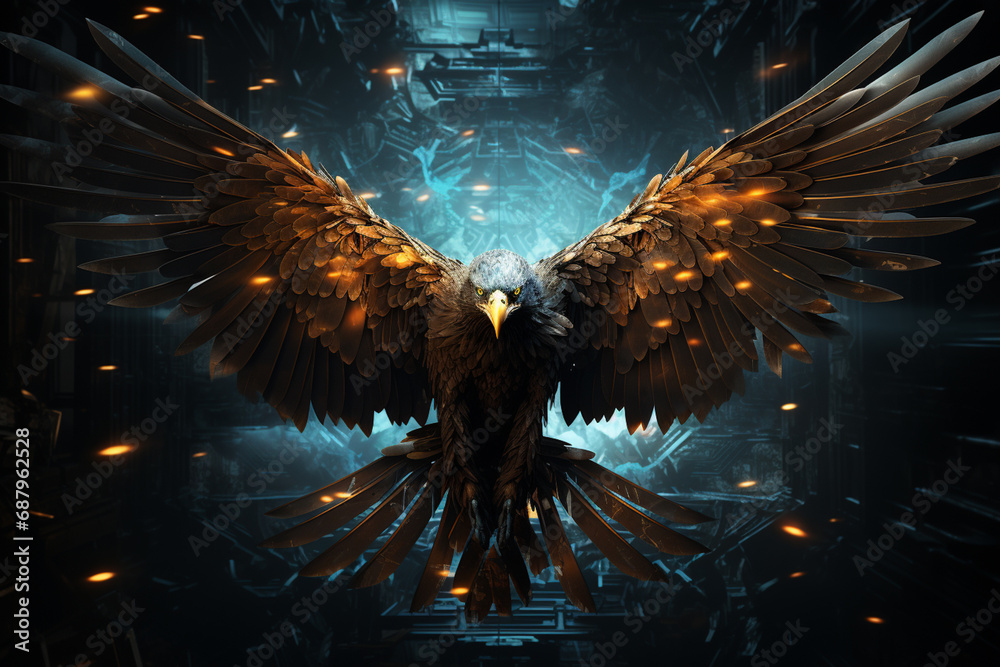 Poster a digital artwork showcasing a cubic eagle in flight, its wings spread wide and defined by a strikin