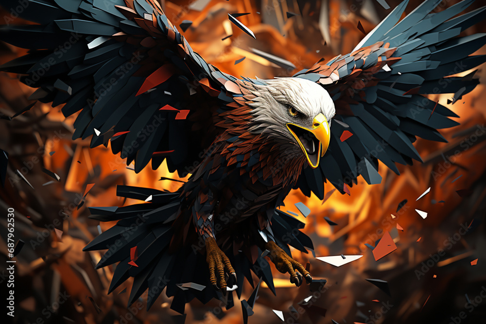 Aufkleber a digital artwork showcasing a cubic eagle in flight, its wings spread wide and defined by a strikin