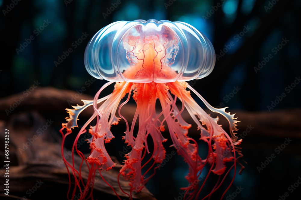 Leinwandbilder A geometric interpretation of a cubic jellyfish, its translucent form transformed into a mesmerizing display of patterns and shapes.