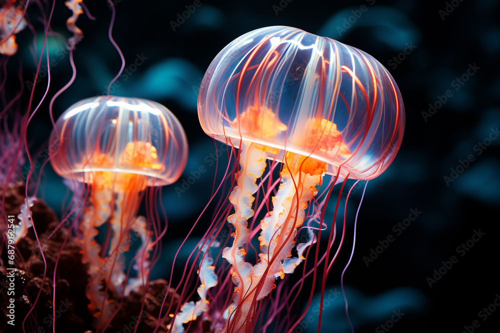 Fototapete A geometric interpretation of a cubic jellyfish, its translucent form transformed into a mesmerizing display of patterns and shapes.
