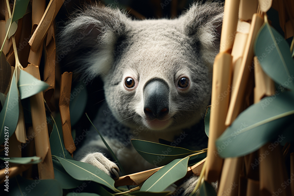 Poster An imaginative rendering of a cubic koala, clinging to the branches of a eucalyptus tree, its cubist design adding a modern twist.