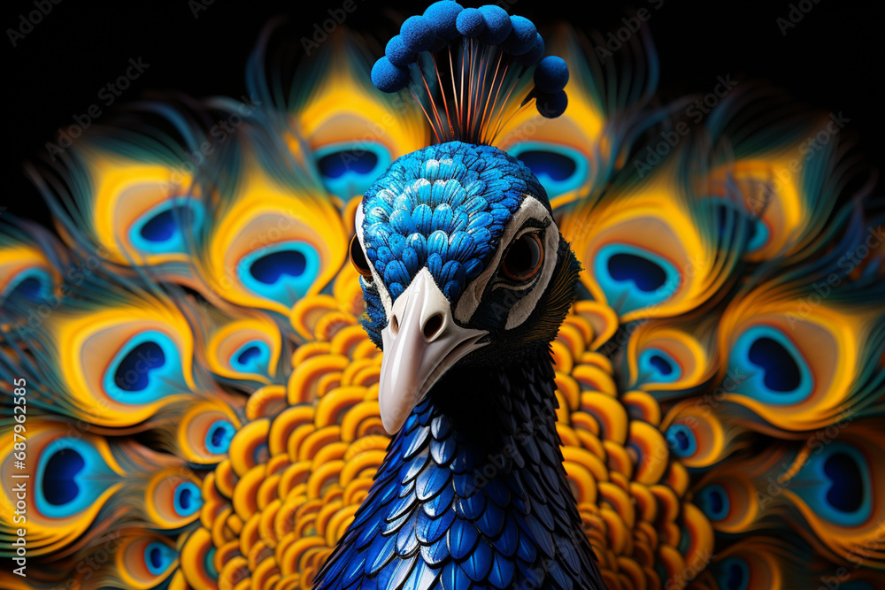 Aufkleber A vibrant depiction of a cubic peacock, its ornate feathers brought to life with a stunning array of geometric patterns and shapes.