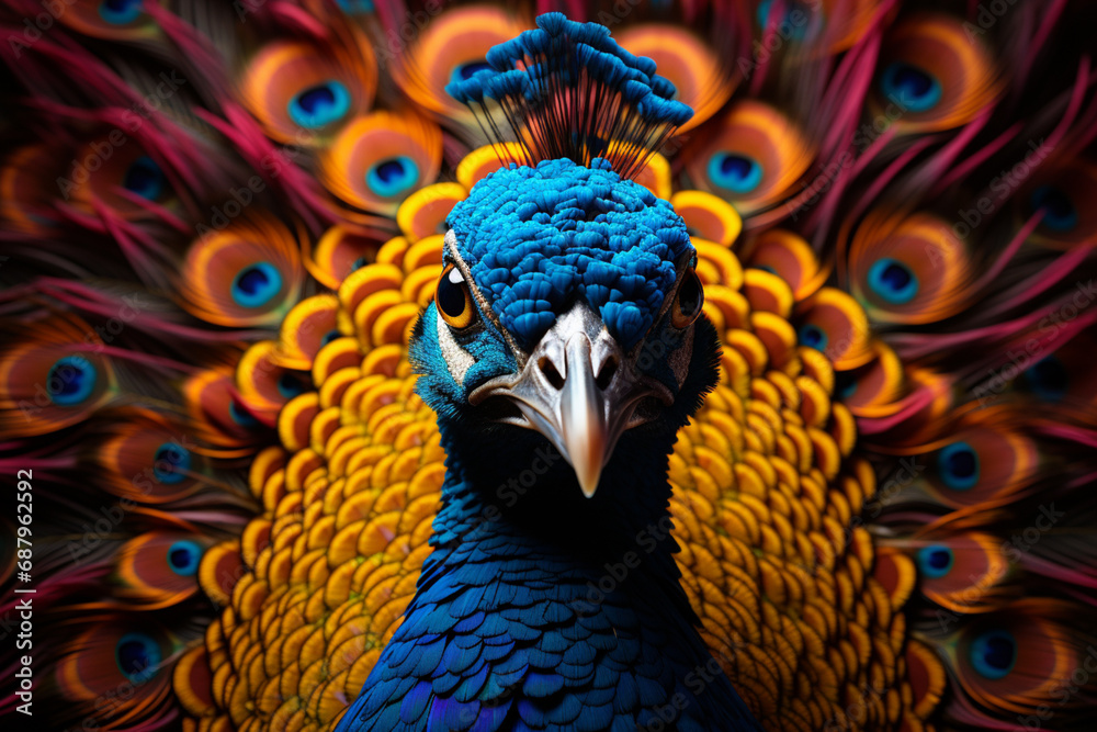 Poster A vibrant depiction of a cubic peacock, its ornate feathers brought to life with a stunning array of geometric patterns and shapes.