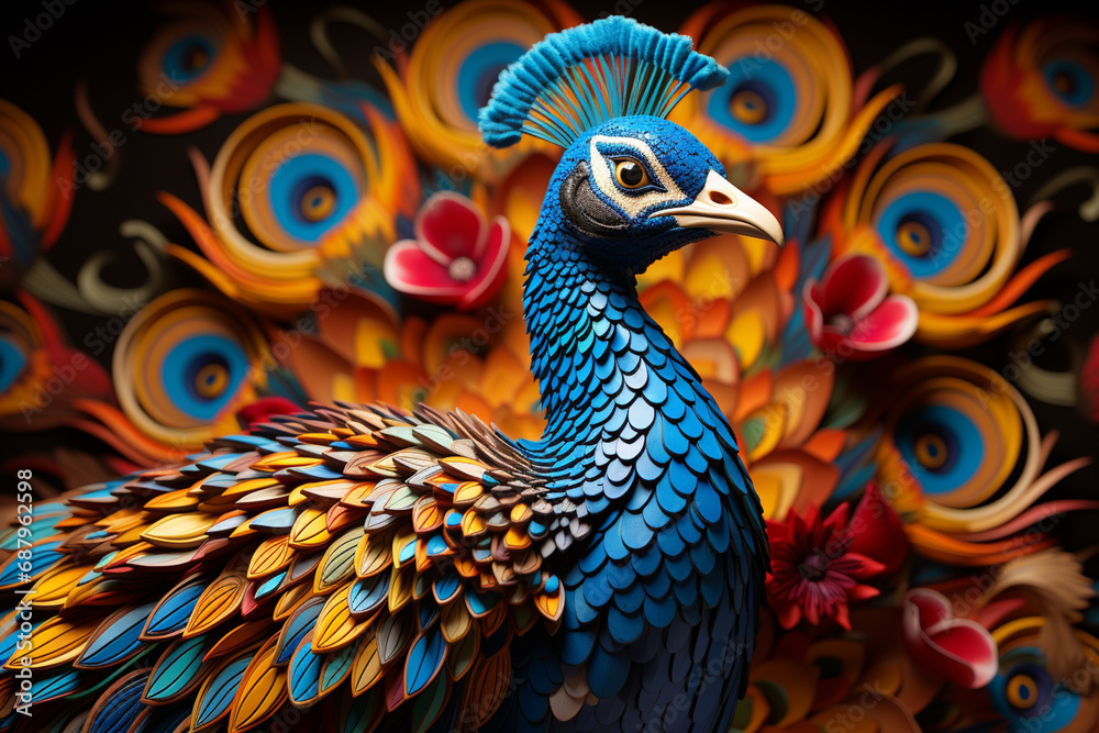 Poster A vibrant depiction of a cubic peacock, its ornate feathers brought to life with a stunning array of geometric patterns and shapes.