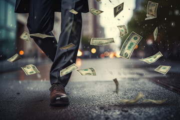 businessman with falling out money - obrazy, fototapety, plakaty
