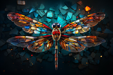 An imaginative artwork featuring a cubic dragonfly, its delicate wings and body reimagined with geometric precision in a vibrant display of color.