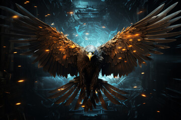 A digital artwork showcasing a cubic eagle in flight, its wings spread wide and defined by a striking arrangement of geometric elements. - obrazy, fototapety, plakaty