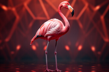 A dynamic illustration featuring a cubic flamingo, its slender neck and elegant pose captured through a series of geometric shapes.