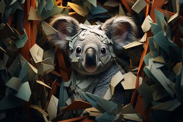 An imaginative rendering of a cubic koala, clinging to the branches of a eucalyptus tree, its cubist design adding a modern twist. - obrazy, fototapety, plakaty