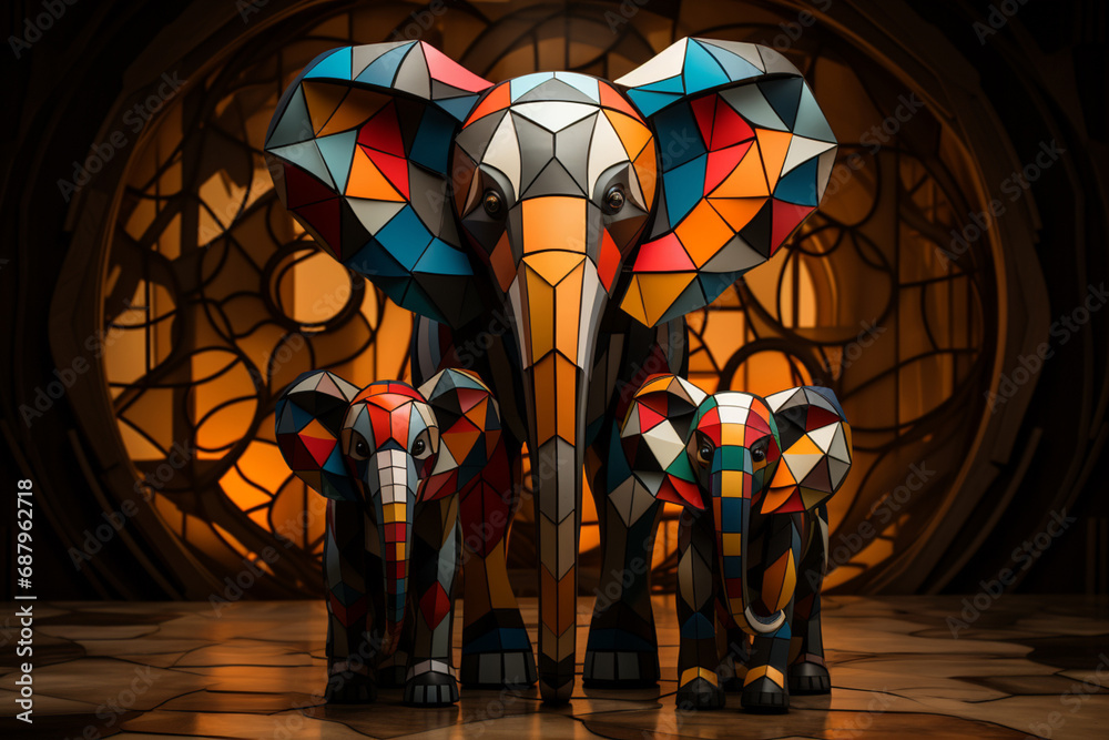 Poster a vibrant depiction of a cubic elephant family, their interconnected forms and familial bonds showca