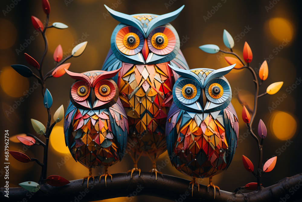 Poster a charming cubic owl family, perched on a tree branch and characterized by a delightful arrangement 