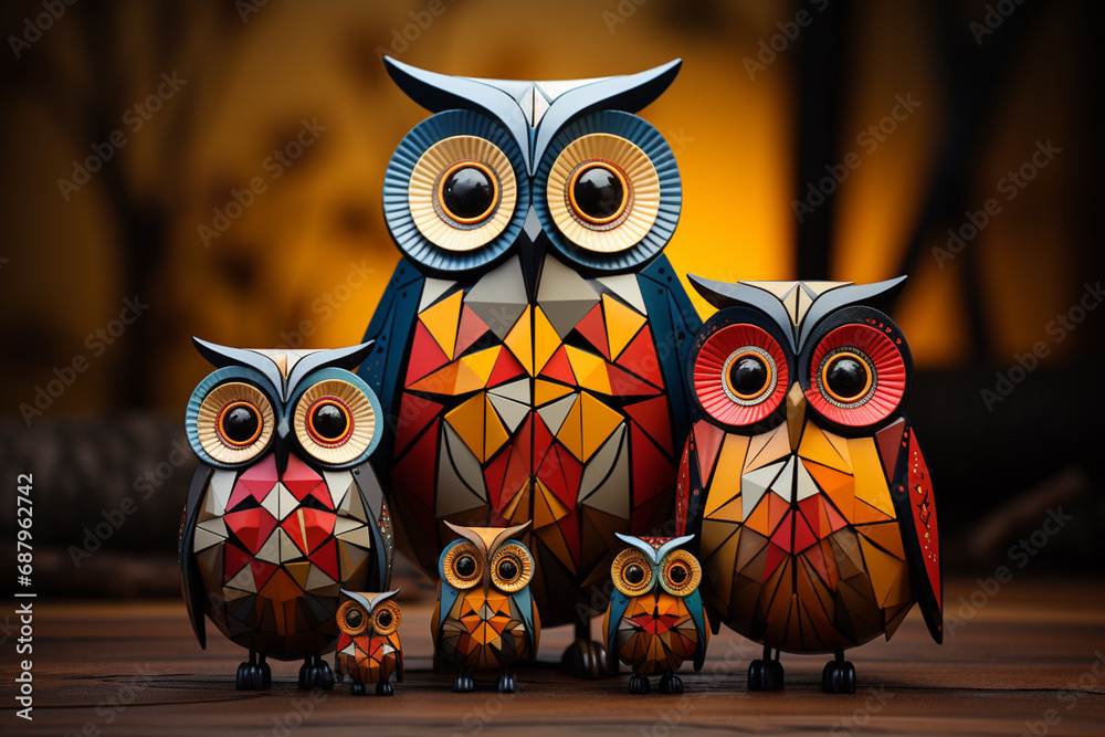 Poster A charming cubic owl family, perched on a tree branch and characterized by a delightful arrangement of geometric shapes and colors.