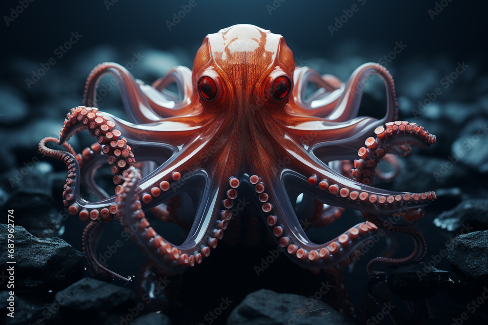 Poster An imaginative artwork showcasing a cubic octopus, its tentacles and fluid motion transformed into a captivating display of geometric precision.