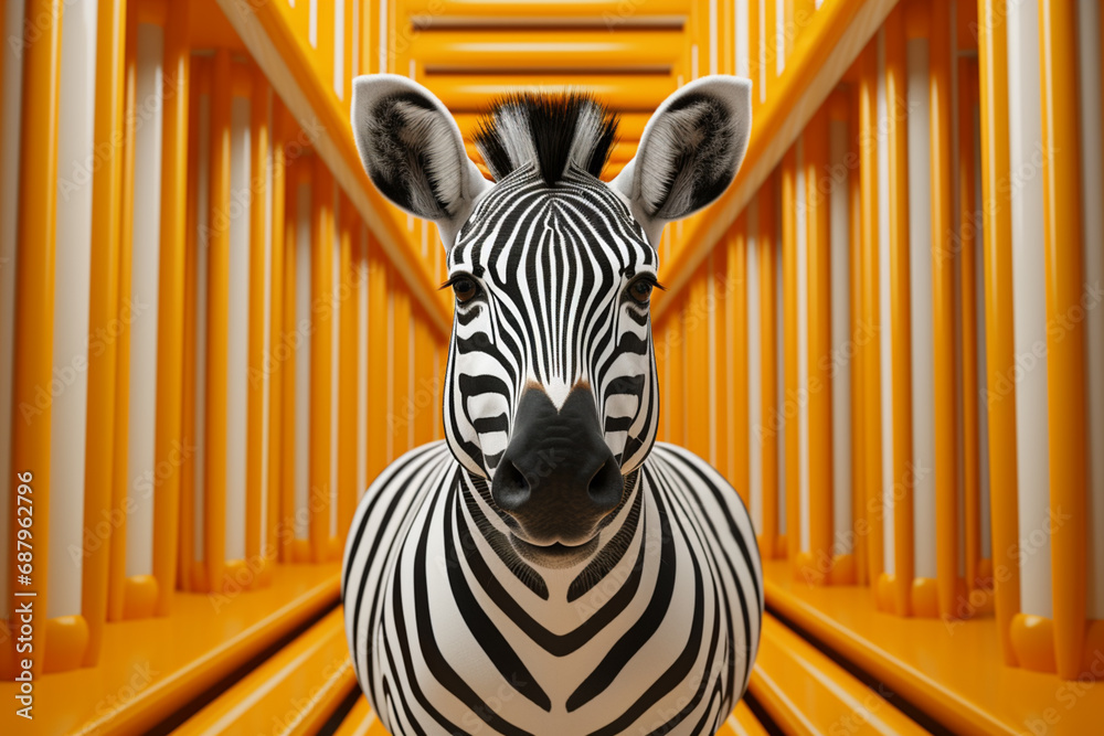 Poster a vibrant depiction of a cubic zebra, its iconic black and white stripes reimagined through a visual
