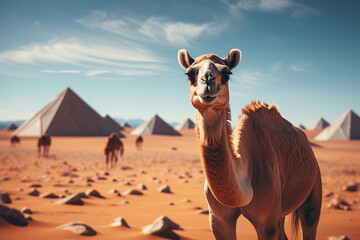 An imaginative rendering of a cubic camel, its stoic presence and desert habitat captured through a striking combination of geometric elements. - obrazy, fototapety, plakaty