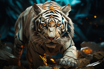 A dynamic illustration featuring a cubic tiger in a prowling stance, its powerful and majestic form defined by a captivating geometric arrangement. - obrazy, fototapety, plakaty