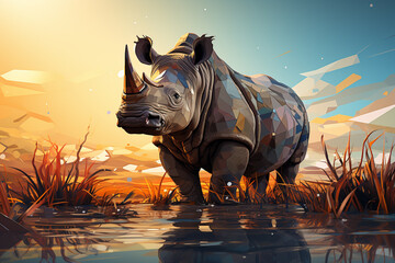 A digital painting featuring a cubic rhinoceros, its sturdy and powerful silhouette captured through a bold arrangement of geometric elements.