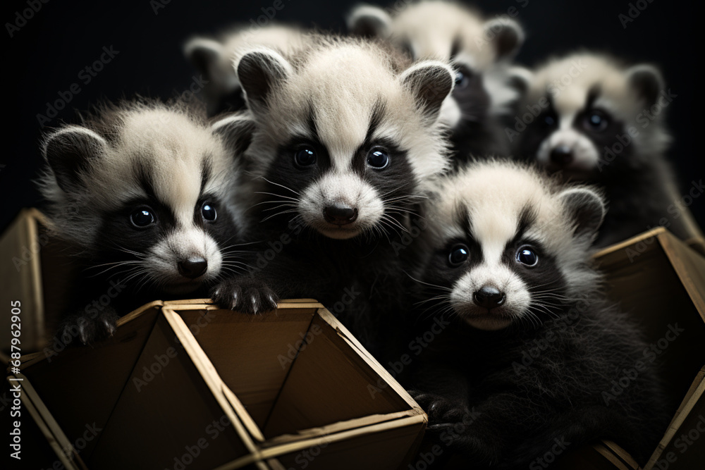 Aufkleber a charming cubic panda family, their endearing poses and black-and-white fur transformed into a visu