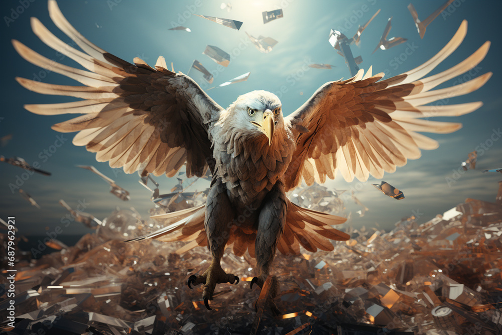 Aufkleber an imaginative rendering of a cubic eagle in flight, soaring against a sky backdrop with its wings d