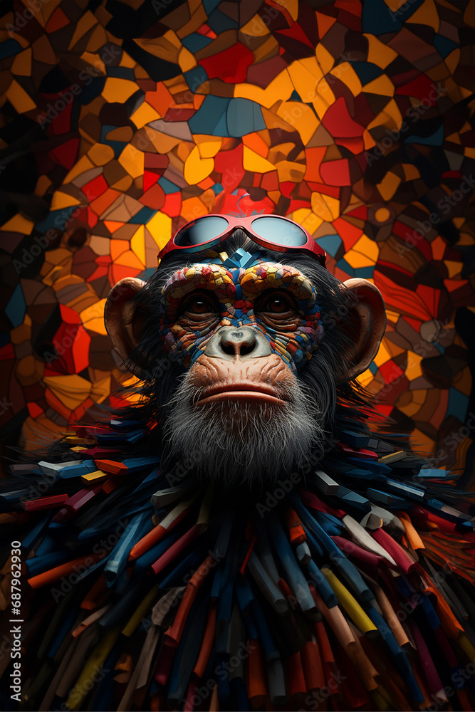 Aufkleber A vibrant depiction of a cubic chimpanzee, its intelligent gaze and expressive features reimagined through a visually captivating arrangement of geometric elements.