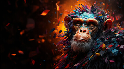 A vibrant depiction of a cubic chimpanzee, its intelligent gaze and expressive features reimagined through a visually captivating arrangement of geometric elements.