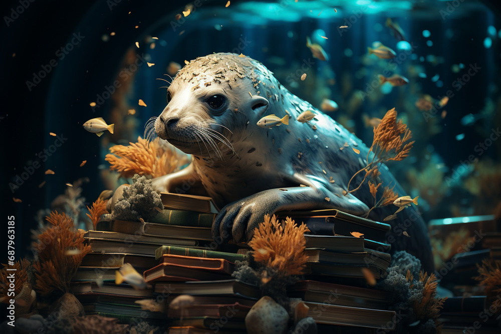 Poster cubic dolphins and turtles navigate the digital sea of knowledge, creating a unique and captivating 