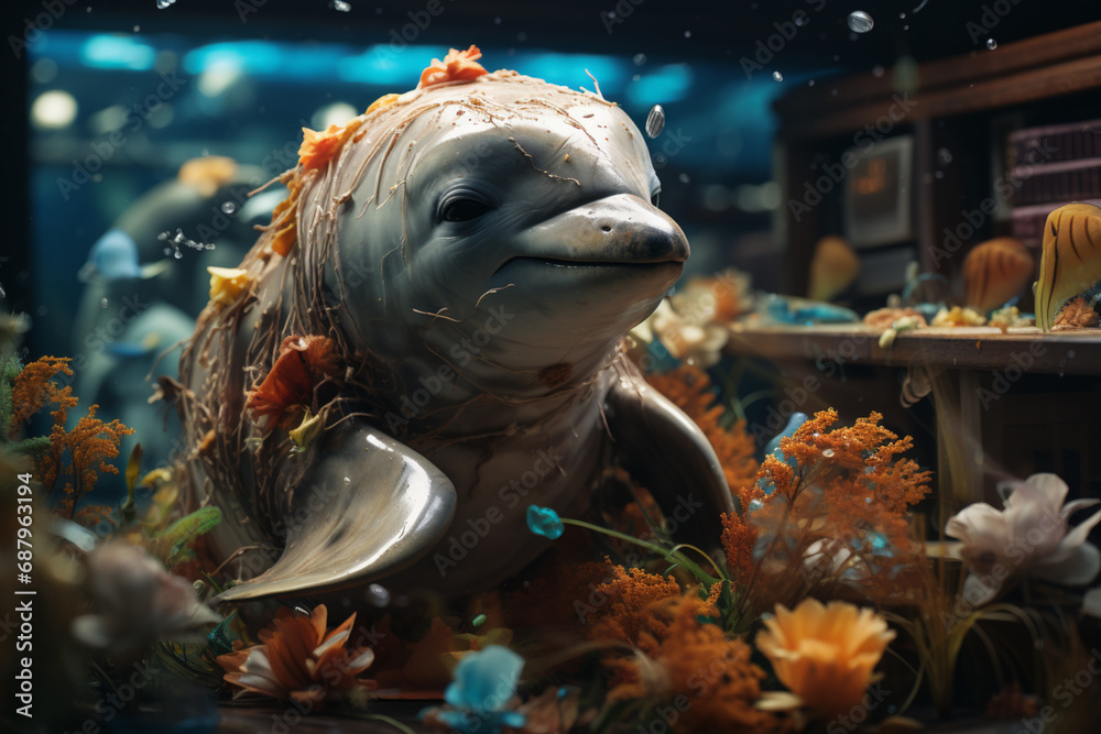 Poster cubic dolphins and turtles navigate the digital sea of knowledge, creating a unique and captivating 