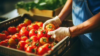 Skilled warehouse worker packing and sorted tomatoes in containers vegetables for shipping.