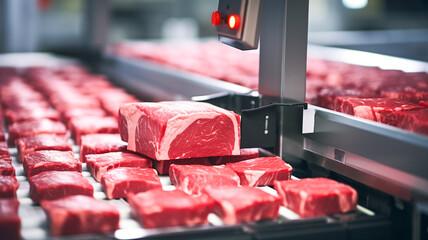 Meat processing in food industry. Raw meat cuts on a industrial conveyor belt.
 - obrazy, fototapety, plakaty