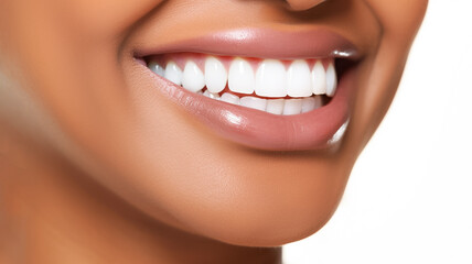 Perfect healthy teeth smile of african american young woman. Teeth whitening. Dental clinic patient. Beautiful smile and white teeth of a young woman. Ideal for dental banner. Copy space.
