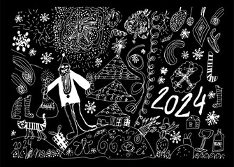 Drawing kids effect scribble poster with attributes 2024 new year in black and white. Naive scrabble style doodle collection for selebration merry Christmas and happy new year. Vector illustration