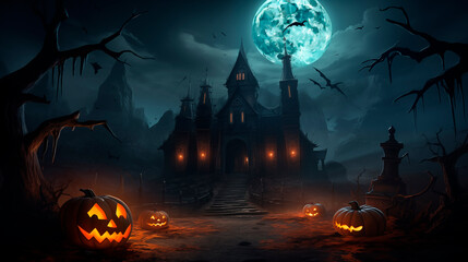 Fototapeta na wymiar A scary castle at night on a full moon, bats flying and pumpkin-lanterns with scary faces everywhere, fog. Happy Halloween night. Dracula's castle, scary atmosphere