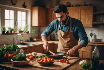 A man cooking a healthy meal in kitchen - obrazy, fototapety, plakaty