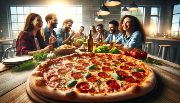 A wide landscape-oriented image of a pepperoni pizza with a diverse group of people enjoying a meal in the background