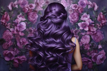 pretty woman with healthy silky curly hair purple color with flower painted background, Generative Ai