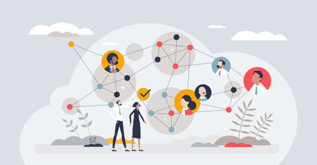 Teamwork with strong connections and business partners tiny person concept. Network mesh with contacts for cooperation or partnership vector illustration. Strength in unity and partners bonding.