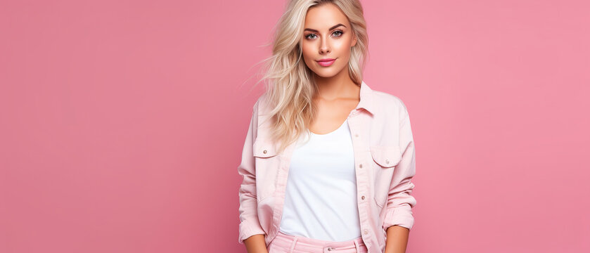 a blond woman standing in casual chic summer clothes, isolated on a pink plain background, with epmty copy space