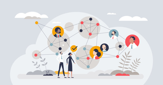 Teamwork with strong connections and business partners tiny person concept. Network mesh with contacts for cooperation or partnership vector illustration. Strength in unity and partners bonding.