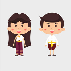 Cute couple of cartoon characters in Thai traditional costume.