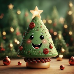 Cartoon Christmas tree with a smile. New Year banner, postcard, invitation to children's party