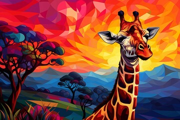 a giraffe in the sunset behind some mountains and trees - obrazy, fototapety, plakaty
