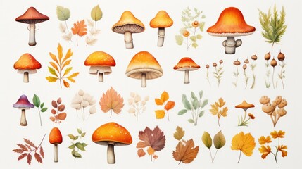 Assorted autumn mushrooms and leaves collection isolated on white background. Autumn harvest display. - obrazy, fototapety, plakaty