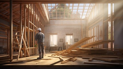 Fototapeta premium Craftsman and carpenter working on a roof truss on the construction site