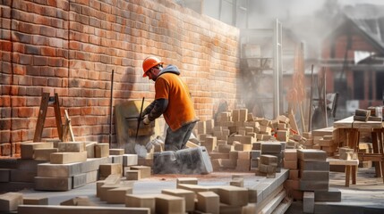 workers and craftsmen on a construction site - obrazy, fototapety, plakaty
